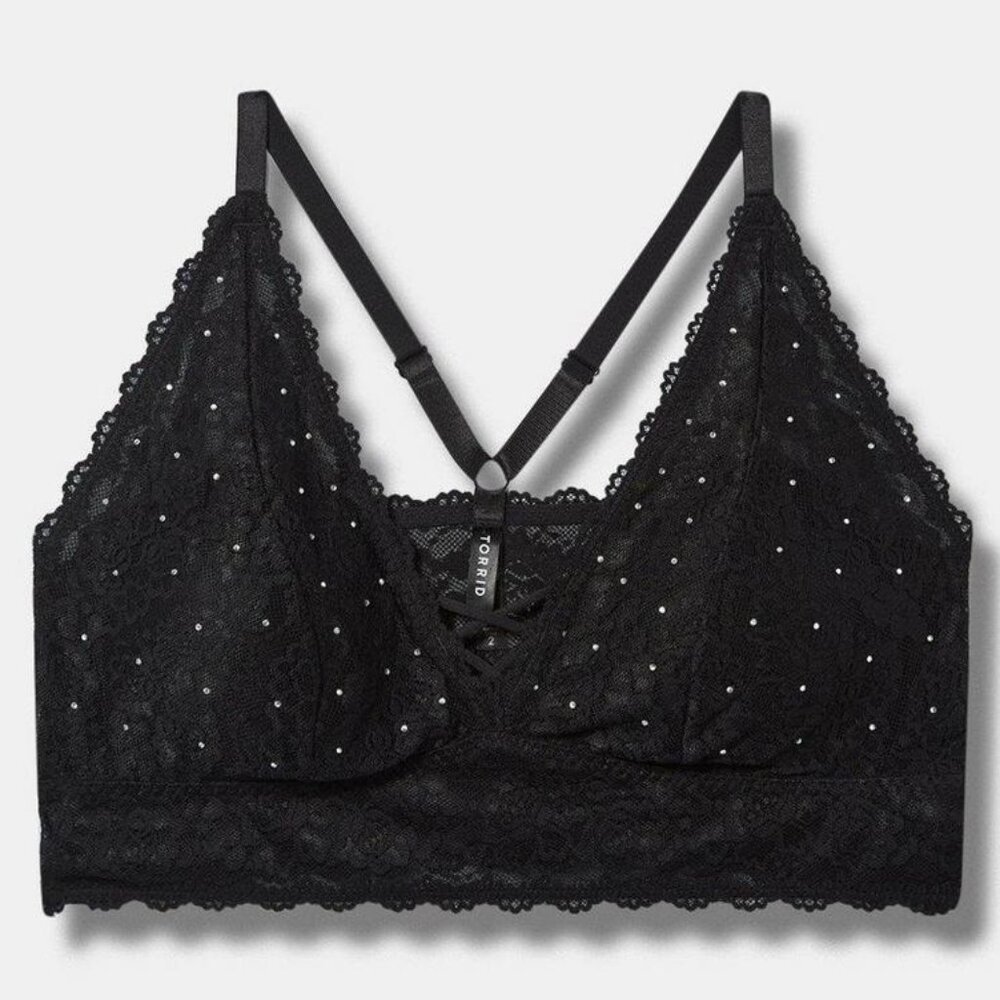 TORRID BLACK LIGHTLY LINED DIAMANTE XO FRONT BRALETTE 2 2X 18 20 - Picture 5 of 5